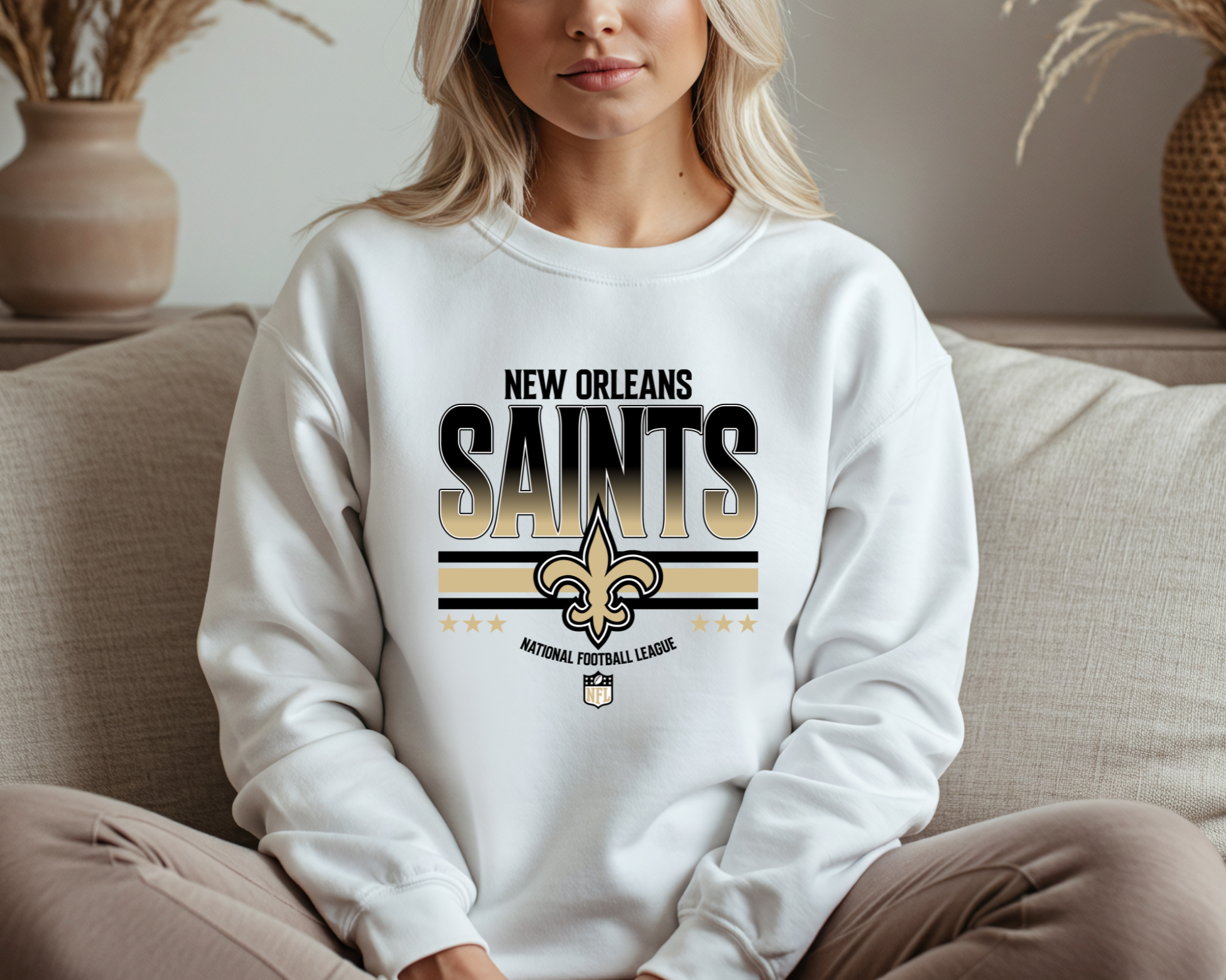 white New Orleans Saints-inspired crewneck sweatshirt 