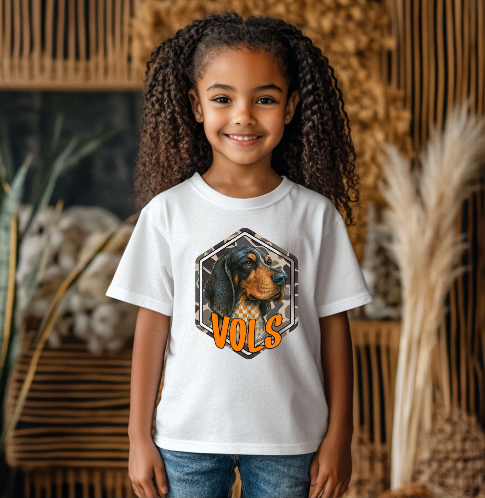 Youth camo Smokey VOLS t-shirt featuring a hound dog graphic with a checkerboard and camo background