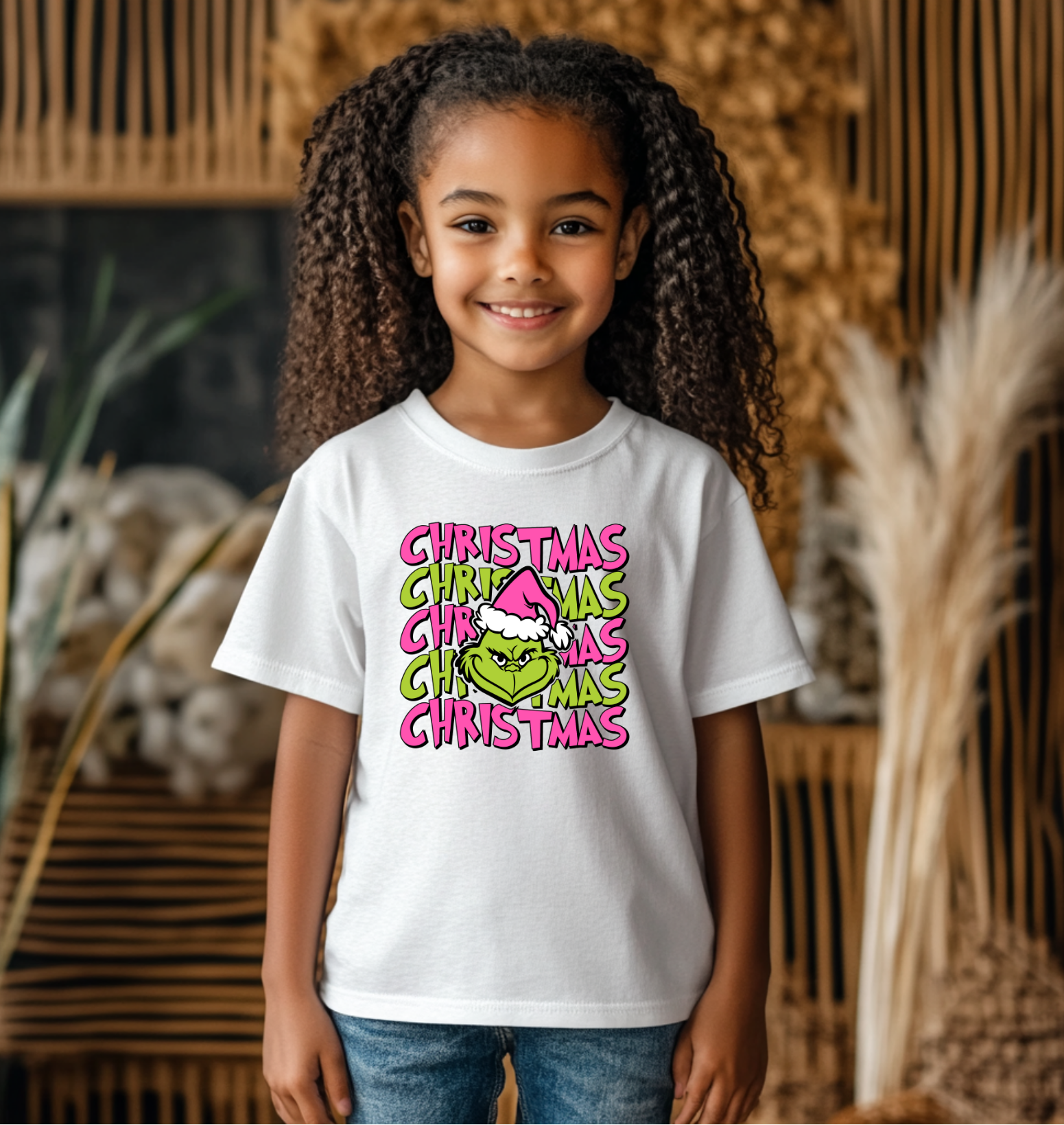 A young girl wearing a white t-shirt featuring a colorful “Christmas” Grinch-inspired design in pink and green, smiling in a festive indoor setting with holiday décor.