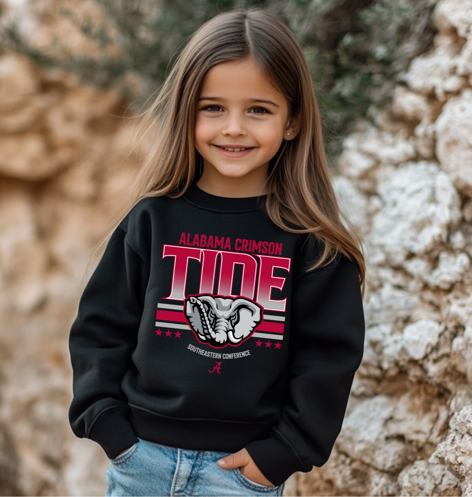 A youth-sized Alabama Crimson Tide-inspired crewneck sweatshirt in black with bold crimson and gray graphics featuring an elephant design, perfect for kids who love showing team spirit.