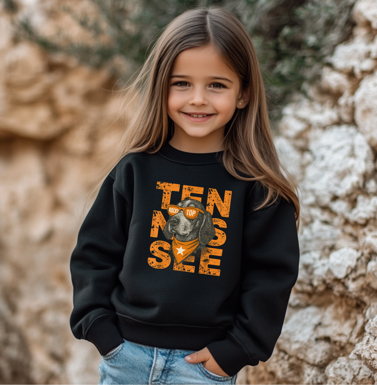 Child wearing a black sweatshirt with 'TENNESSEE' and vols smokey graphic, standing outdoors